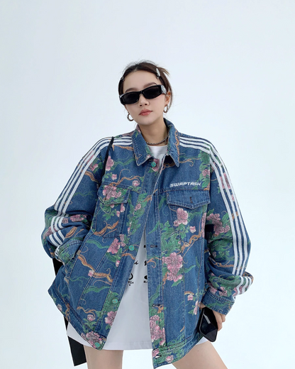 Floral Design Sideline Denim Jacket YLS0139