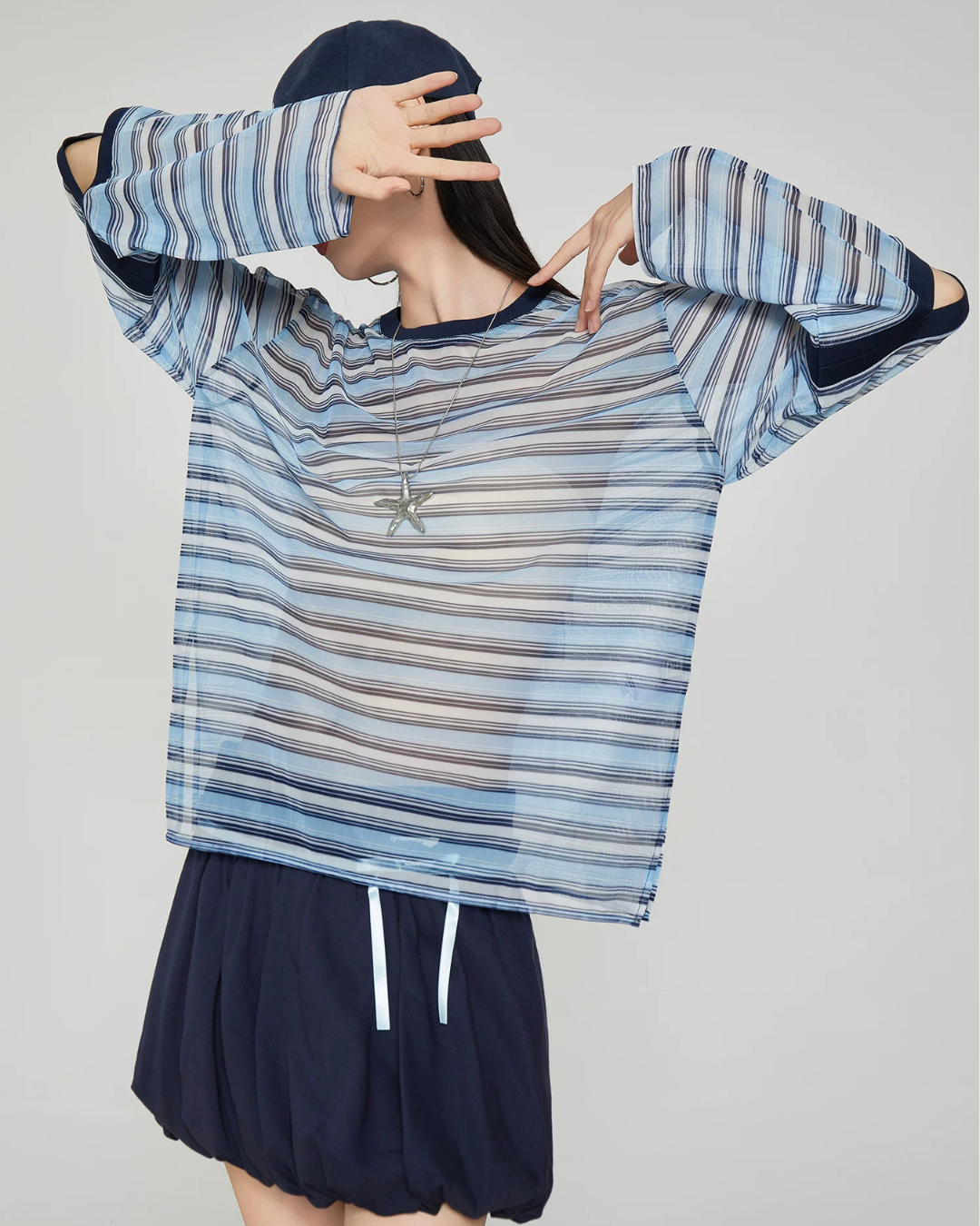 Striped Mesh Long-Sleeve T-Shirt FER0362