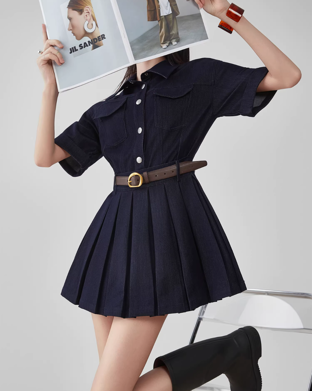 Ruffle Polo Collar Denim Dress FER0105