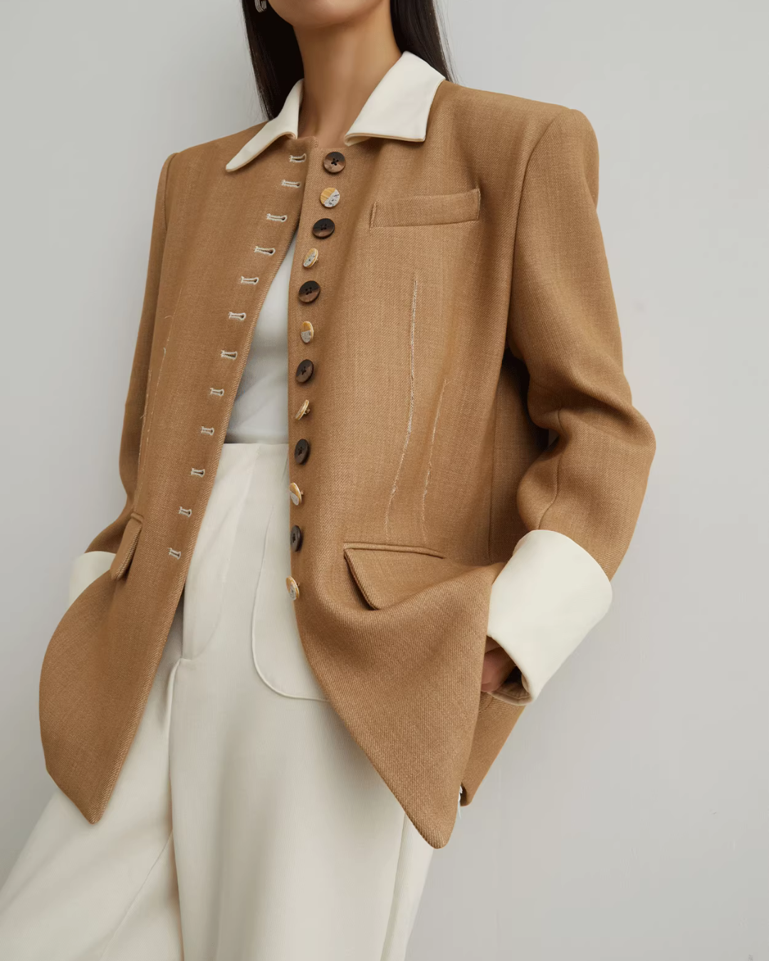 Button-Design Luxury Jacket / White Straight Pants SUY0029