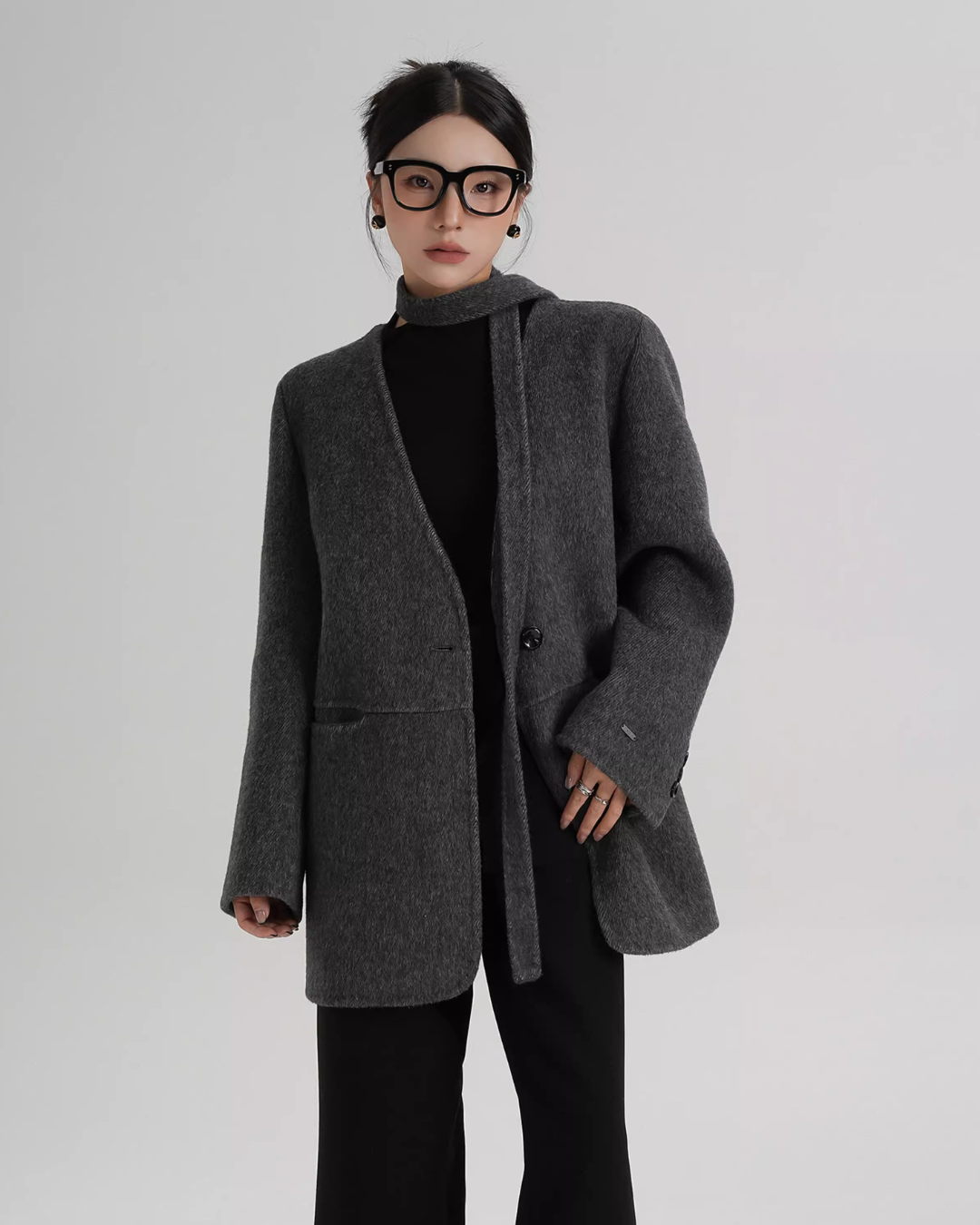 Collarless Wool Coat with Choker SRS0393
