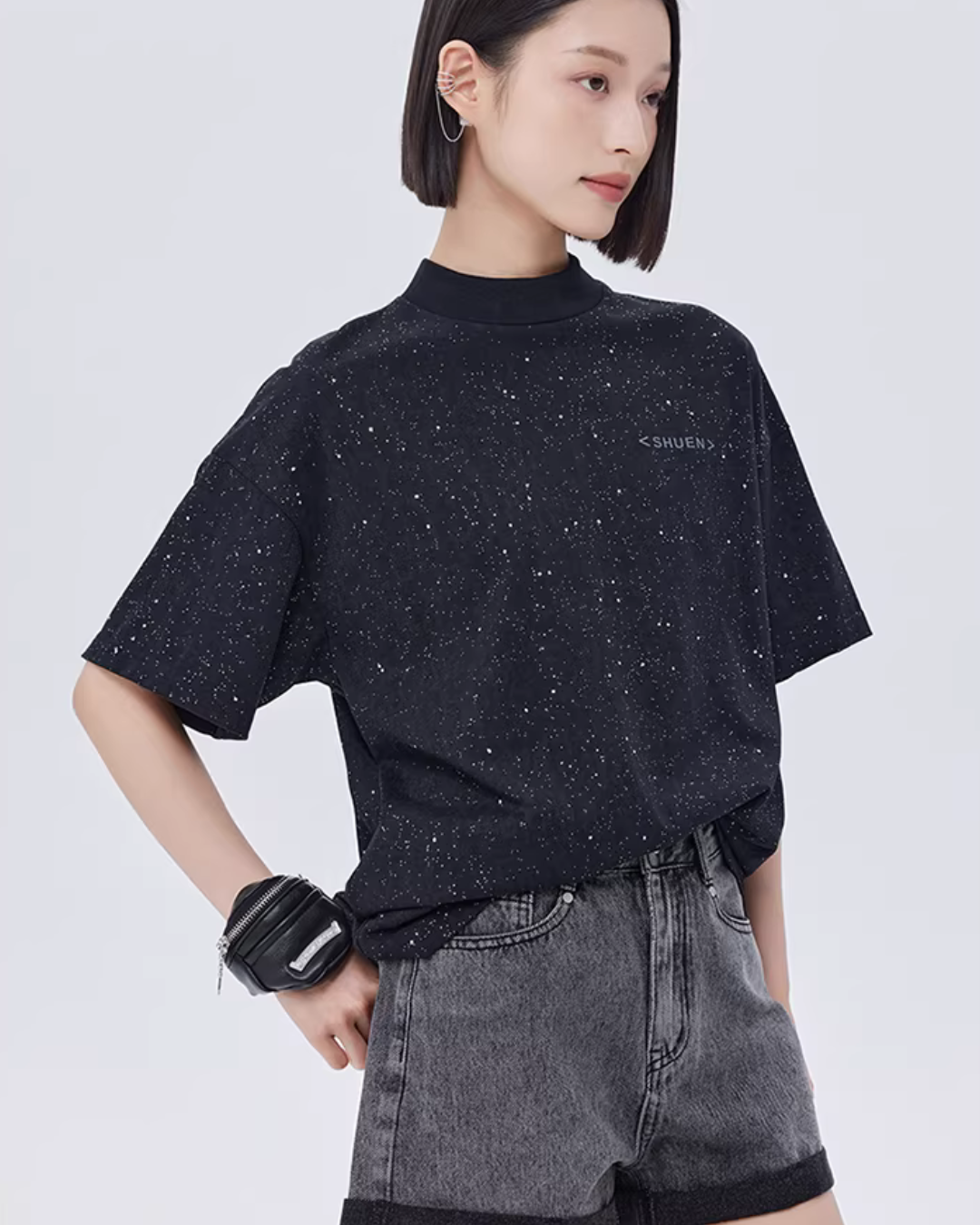 Sequin Mock Neck Short-Sleeve T-Shirt SHN0042