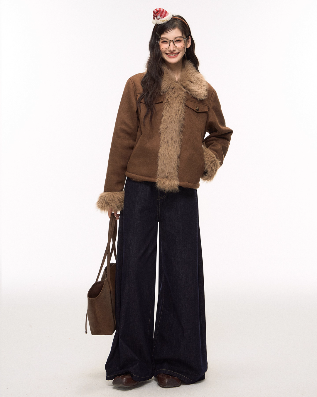 Brown Suede Jacket/Wide Denim Pants ELS0008