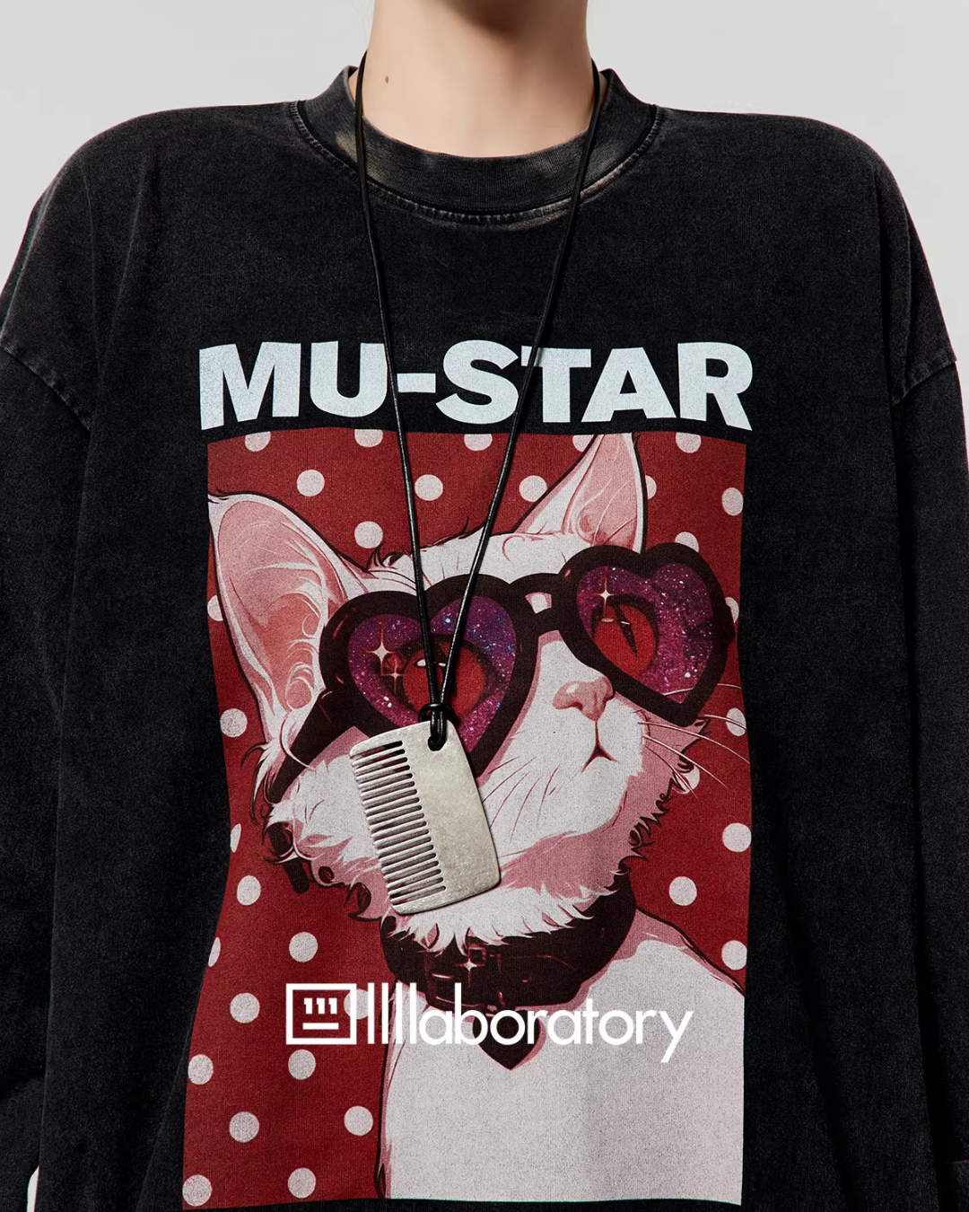 Cat Print Long Sleeve T-shirt / Polka Dot Mini Skirt LLA0593