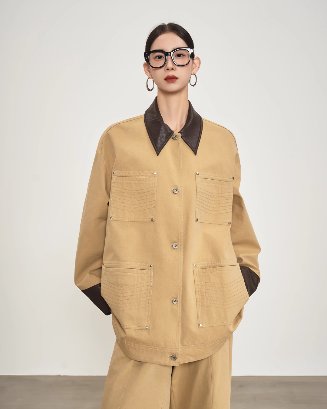 Leather Collar Pocket Shirt / Wide Pants SUY0016