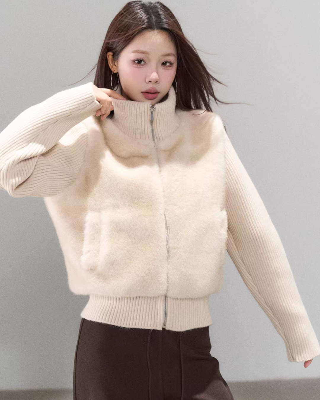 Stand Collar Fur Knit Jacket WDB0005