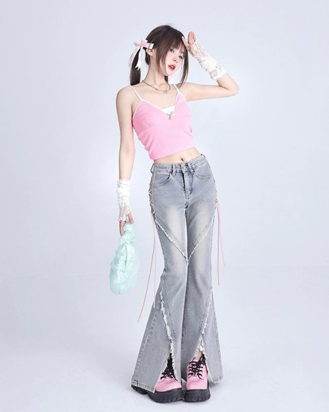 Lace-Up Flared Denim Pants 1SH0003