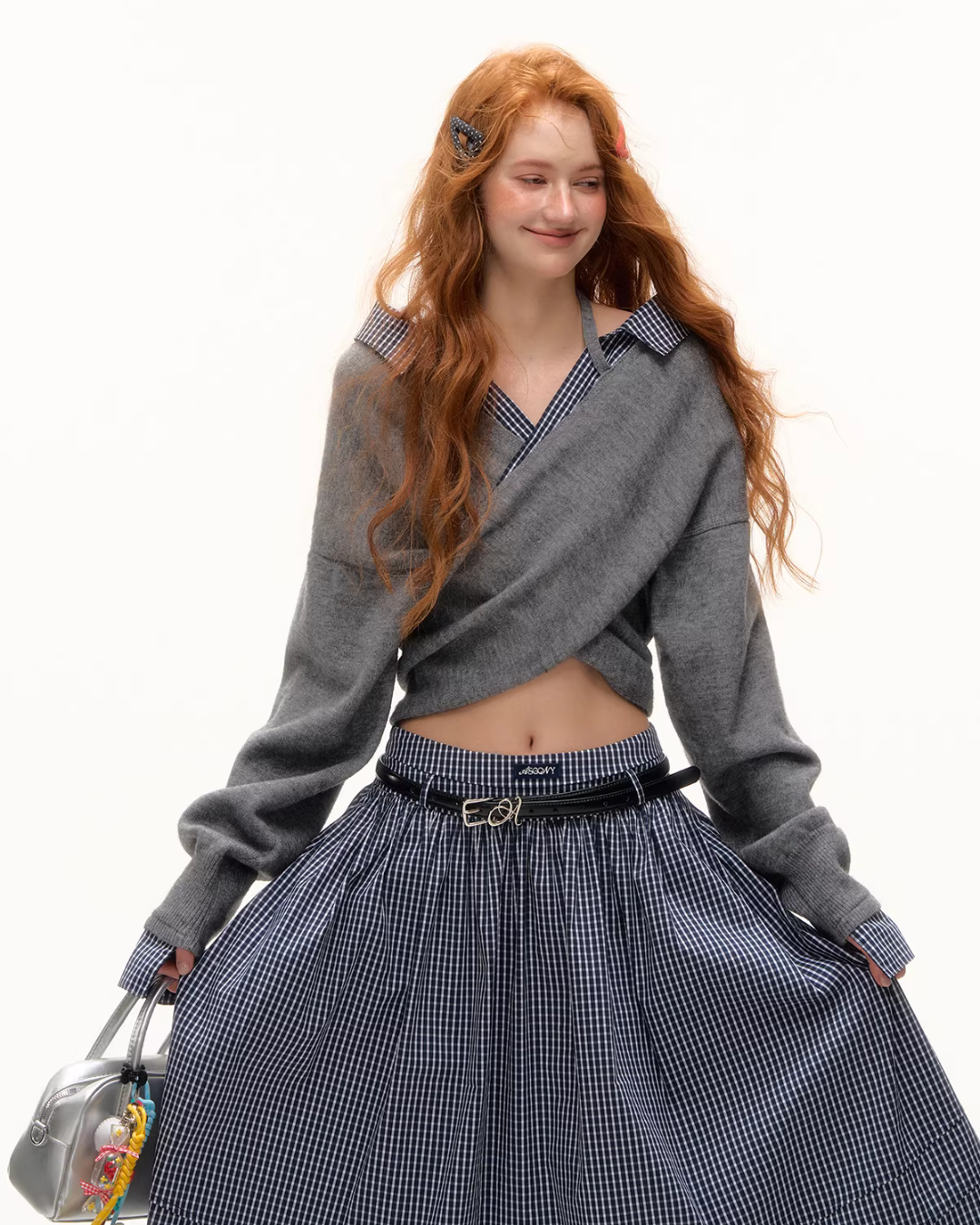 Front Wrap Knit Top/Gingham Check Skirt ASG0074