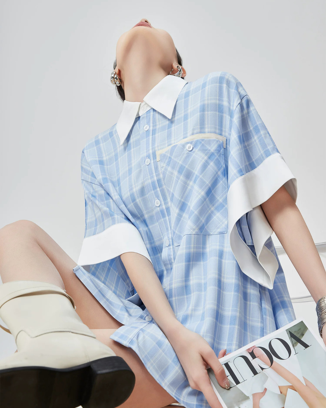 Plaid Patchwork Short-Sleeve Shirt FER0178