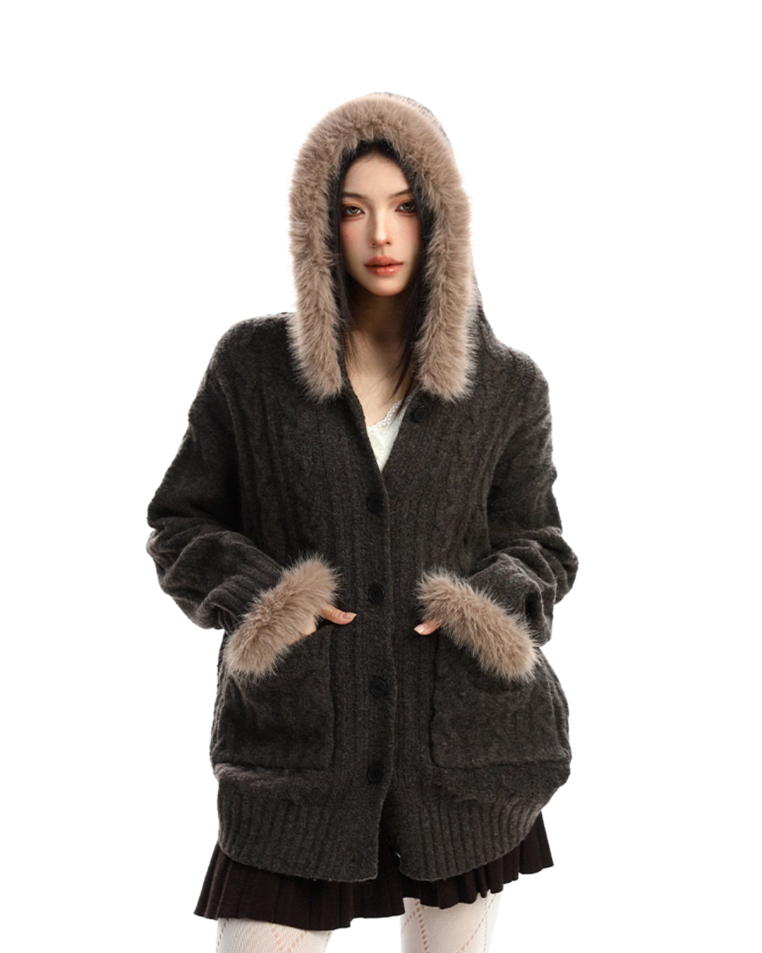 Fur Hood Loose Knit Cardigan BGS0028