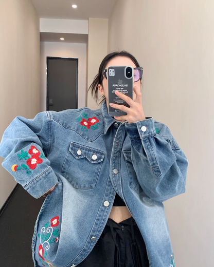 Flower Embroidered Denim Shirt YLS0759