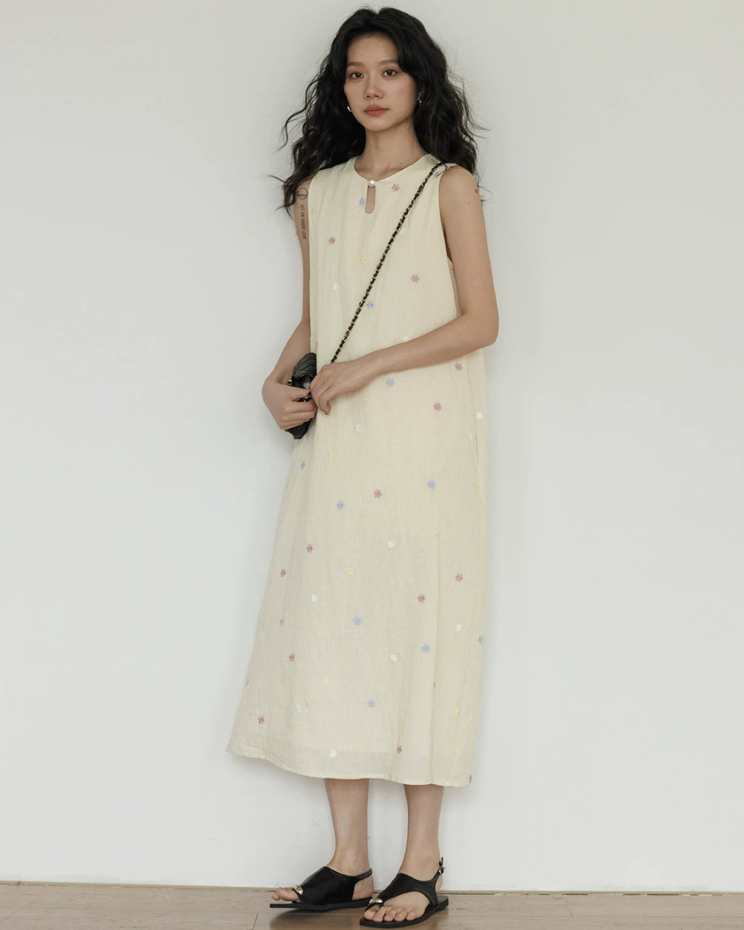 Flower Embroidery Pearl Button Long Dress VAS0203