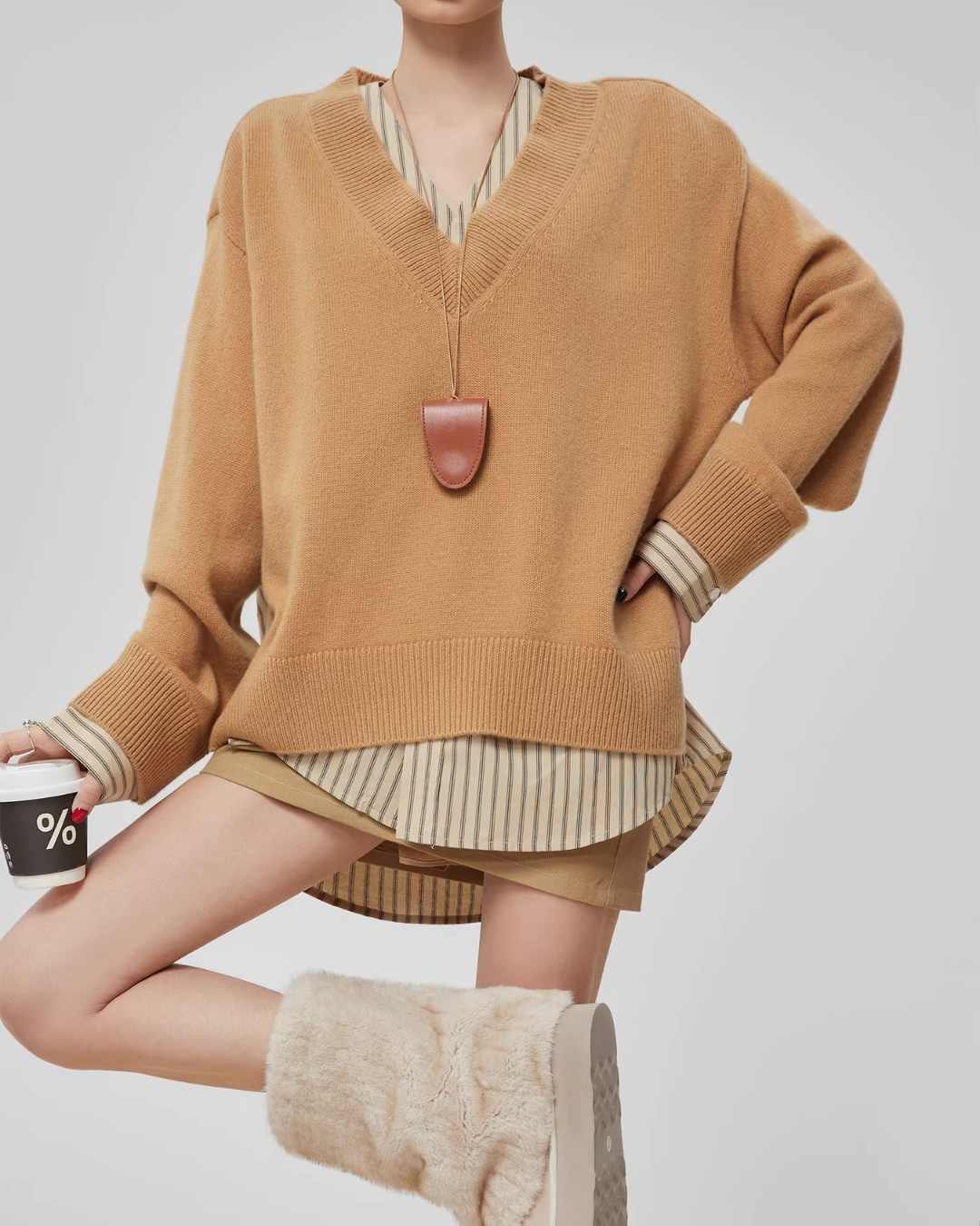 V-Neck Long Sleeve Knit Docking Shirt FER0037