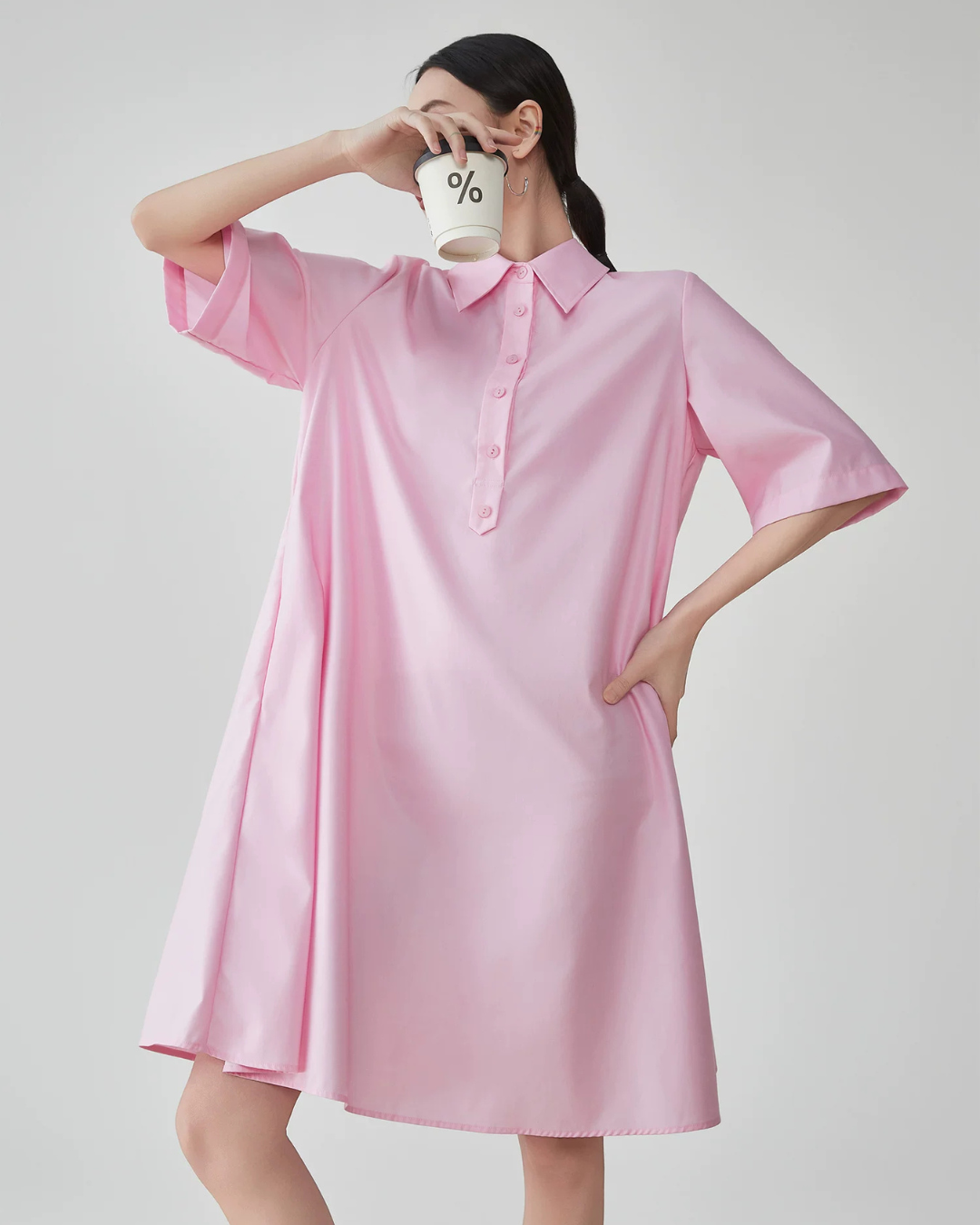 Pink Short-Sleeve Shirt Dress FER0175