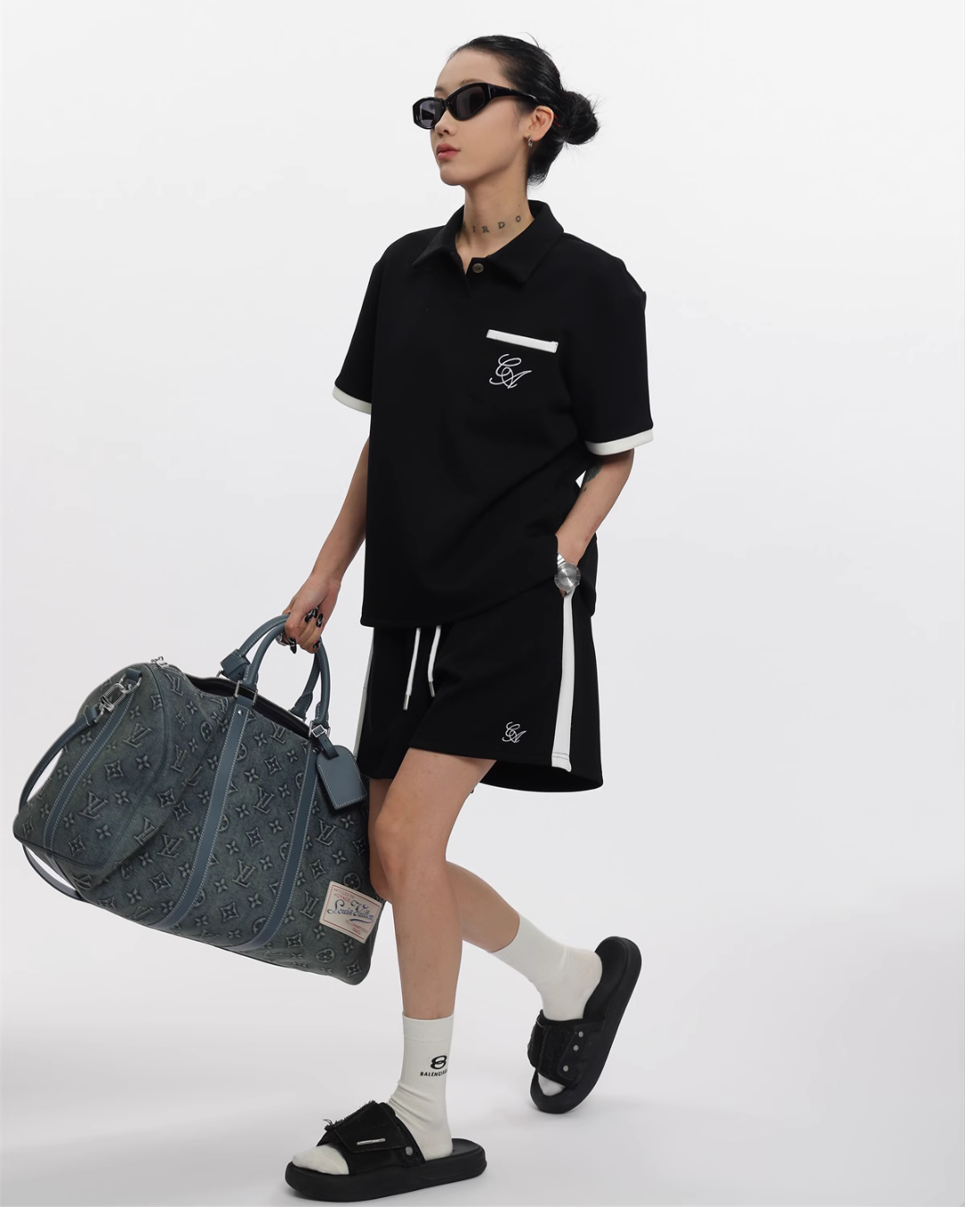 Black Polo Short Sleeve Tops / Shorts ACS0140