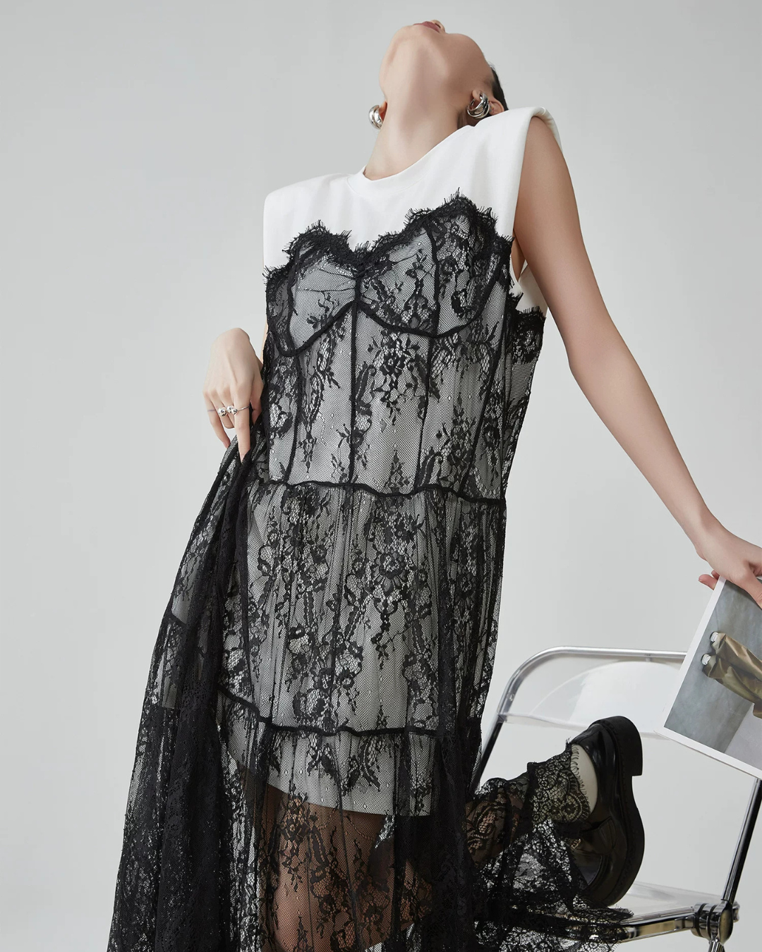 Lace Tulle Docking Sleeveless Dress FER0138