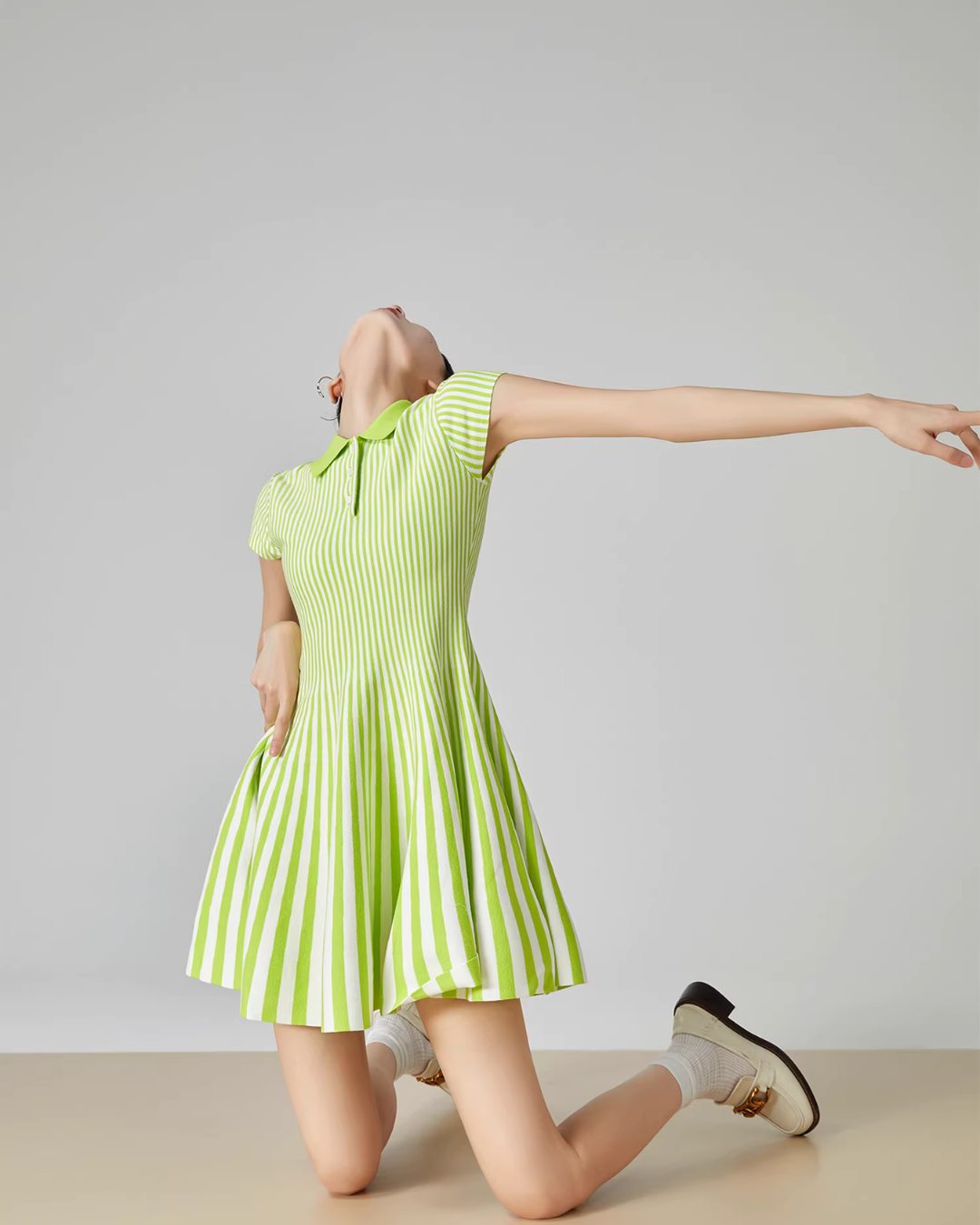 Green Striped Flare Mini Dress FER0081
