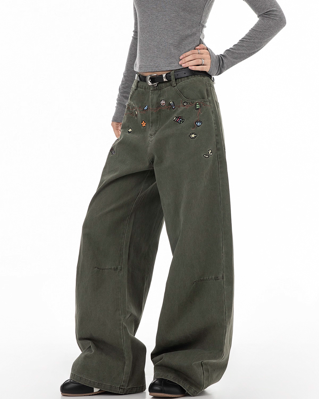 Floral Embroidery Wide Denim Pants ICM0116