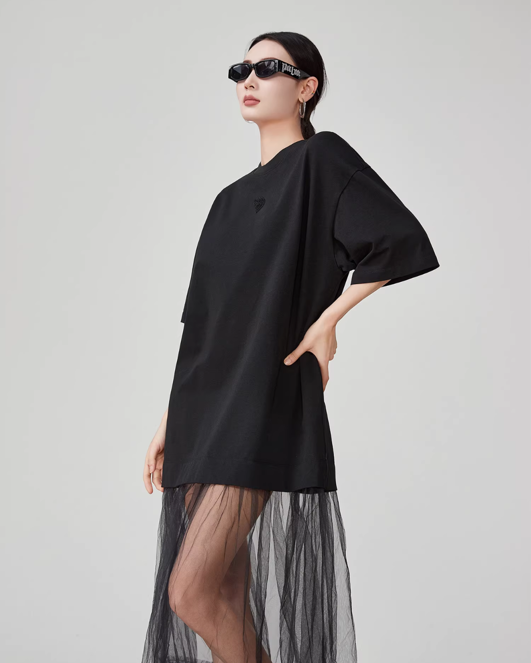 Black Patchwork Mesh T-Shirt Dress FER0055