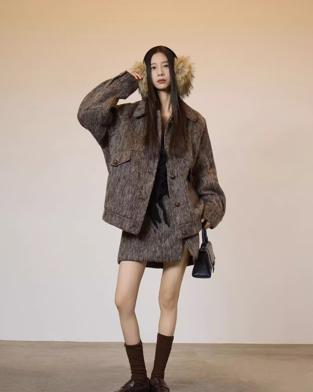 Vintage Mocha Brown Wool Jacket / Mini Skirt SUY0017