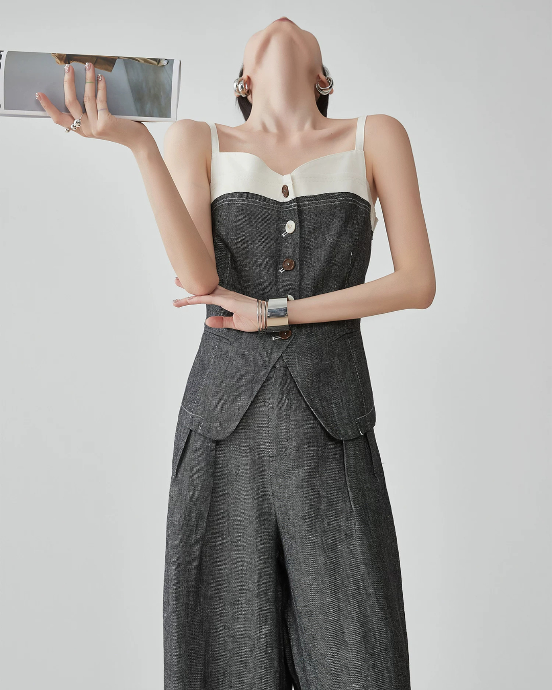 Front Button Bicolor Bustier / Wide Long Pants FER0272