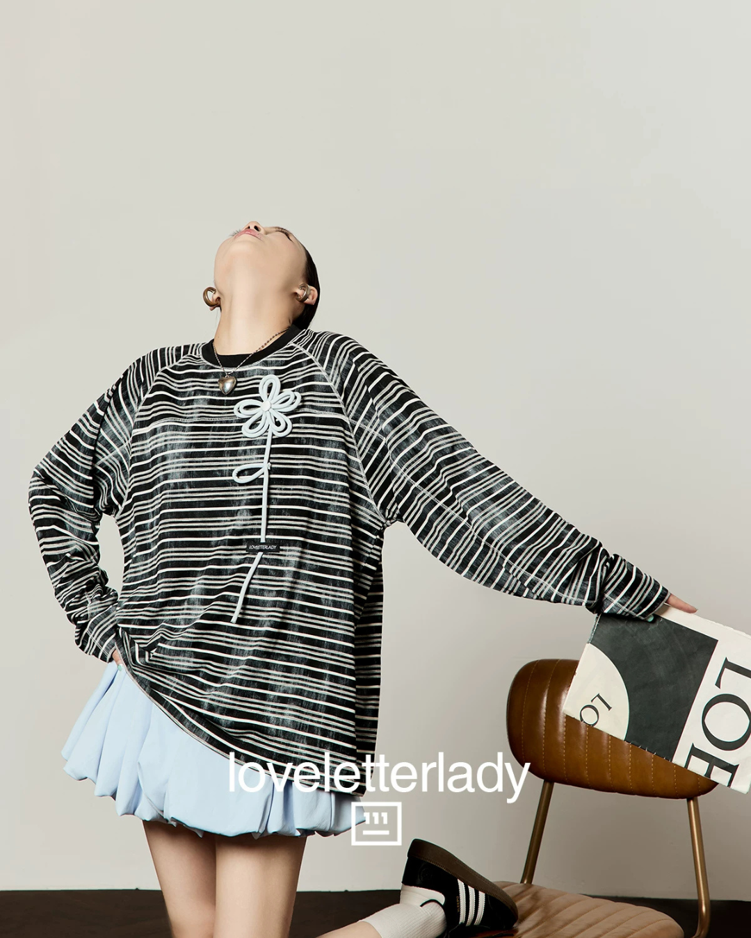Black Striped 3D Blue Flower T-Shirt / Balloon Mini Skirt LLA0660