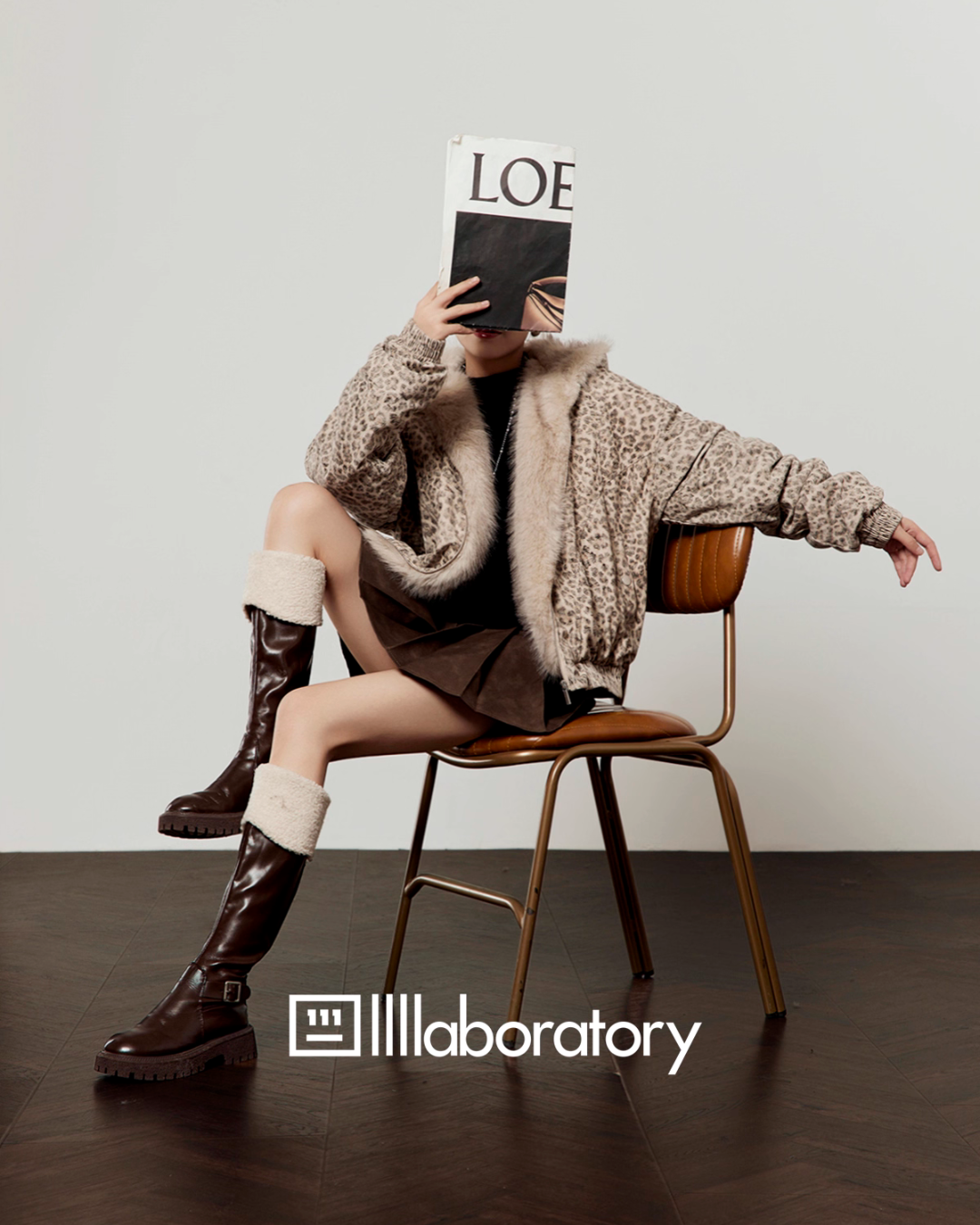 Leopard Fur Hood Jacket / Pleated Mini Skirt LLA0574