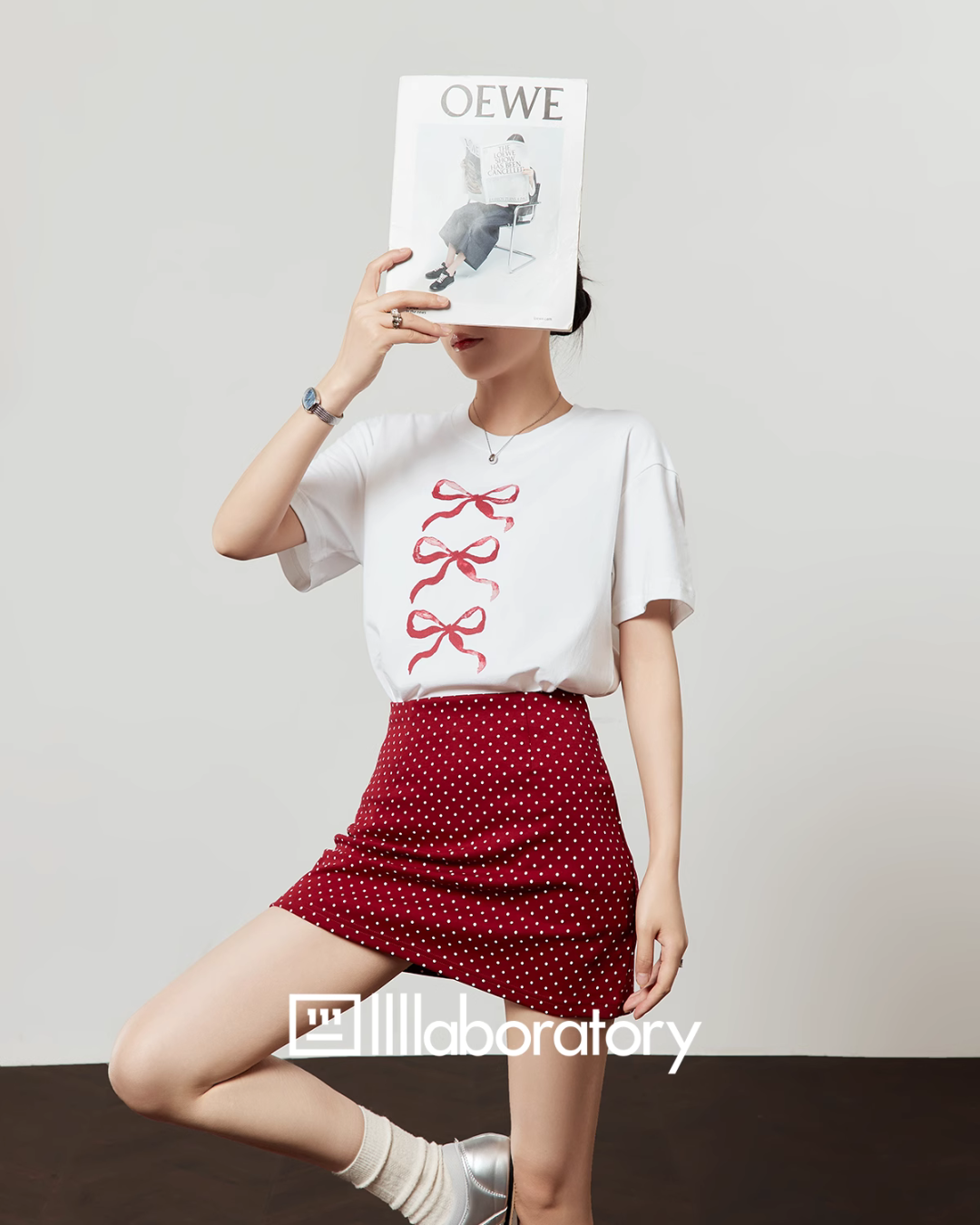 Ribbon Print T-Shirt / A-Line Mini Skirt LLA0486