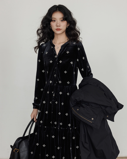 V-Neck Velvet Long Dress VAS0177