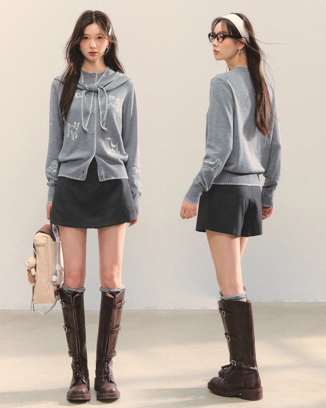 Dog Embroidery Round Neck Knit Cardigan ASG0070