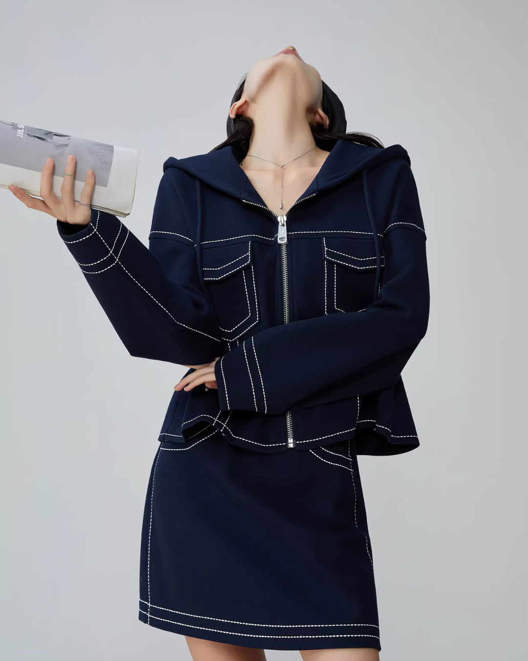 Denim-Style Zip Hoodie / Elastic Waist Mini Skirt FER0051