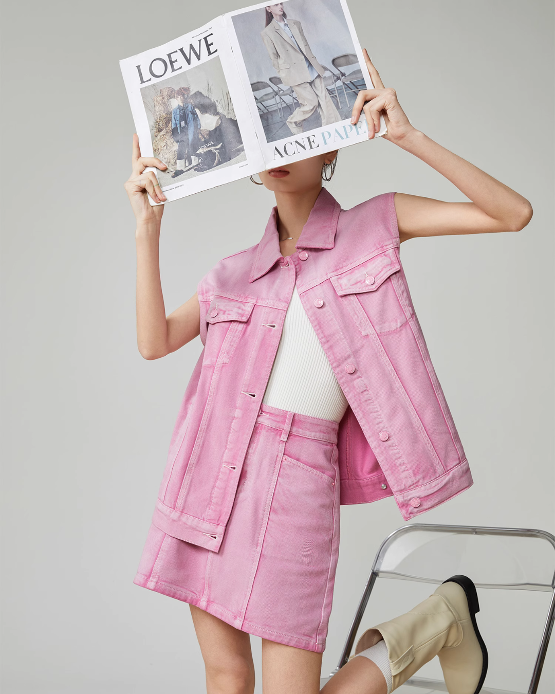 Rose Pink Denim Vest / Mini Skirt FER0011