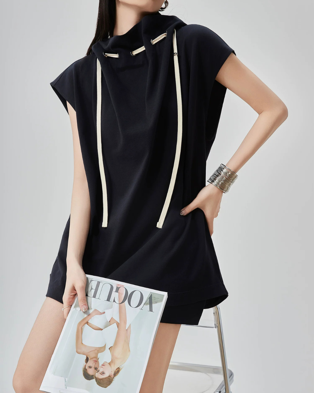 High-Neck Drawstring French Sleeve Top FER0222