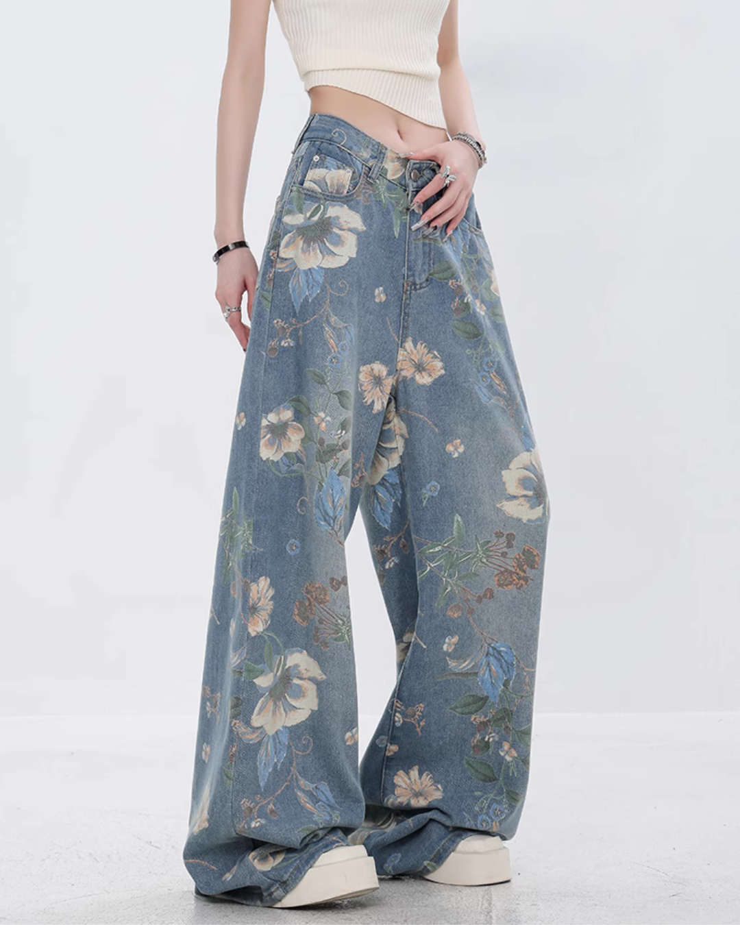 Flower Design Wide Denim Pants ABW0013