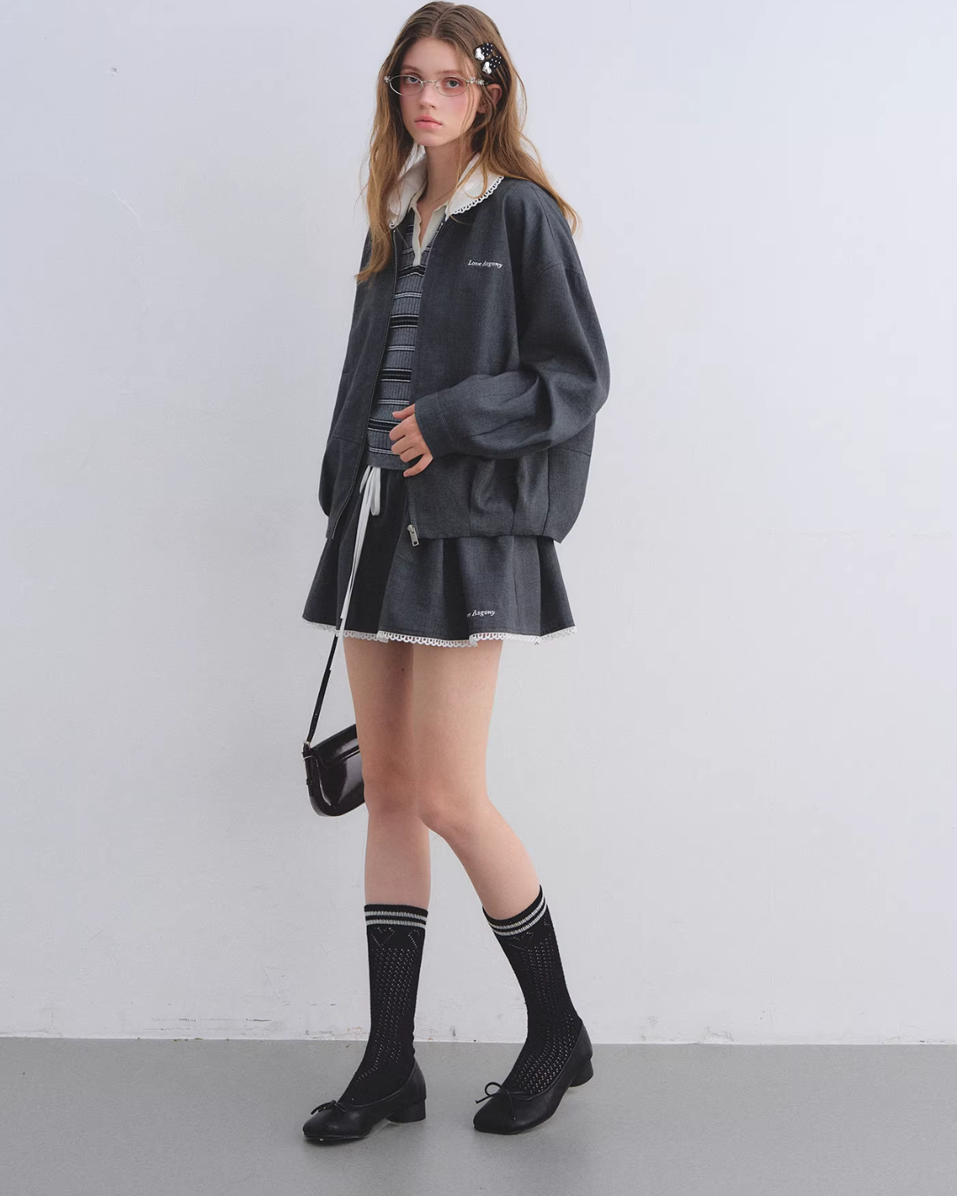 Lace Collar Zip Jacket / Flared Mini Skirt ASG0084