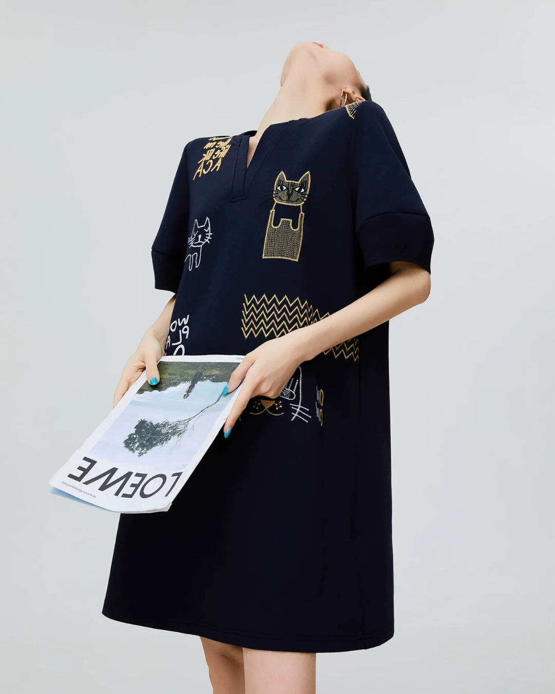 Cat Embroidery Key Neck Dress FER0221