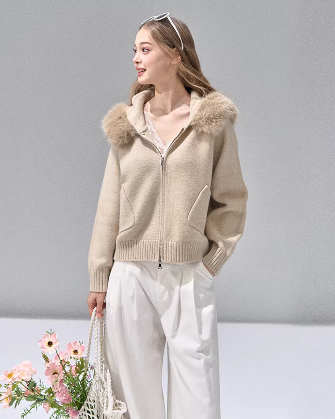 Hooded Fur Zip Knit Cardigan RCR0013