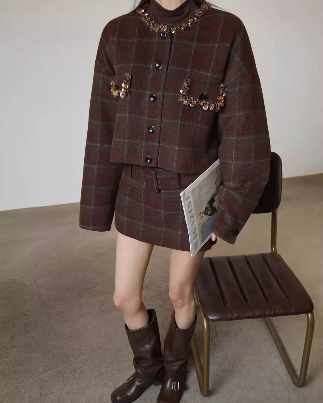 Retro Plaid Collarless Jacket / Mini Skirt SUY0019