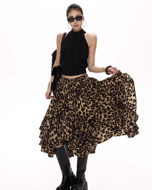 Leopard Asymmetrical Tiered Skirt ZRS0092