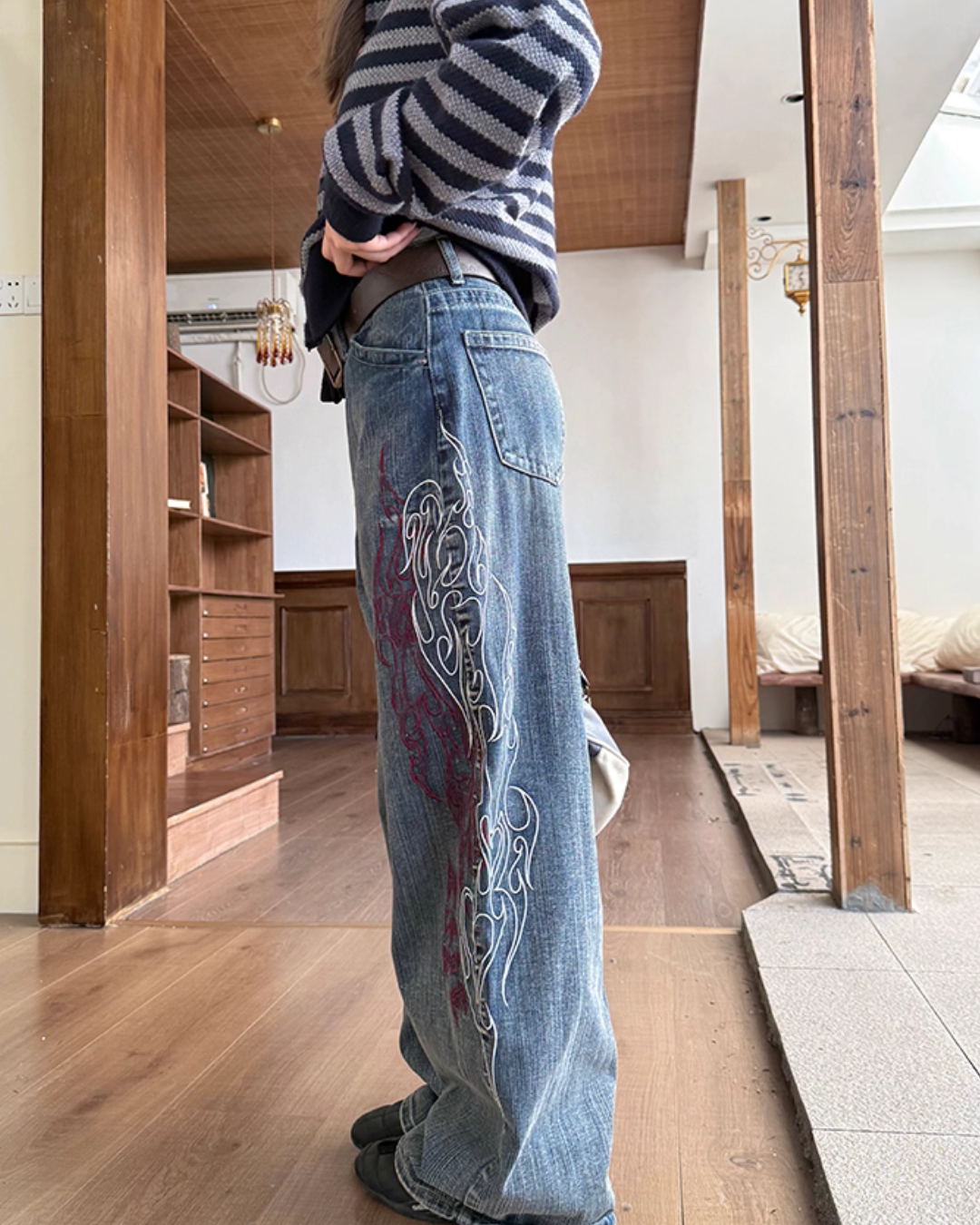 Retro Embroidered Bamboo Denim Pants CYE0048