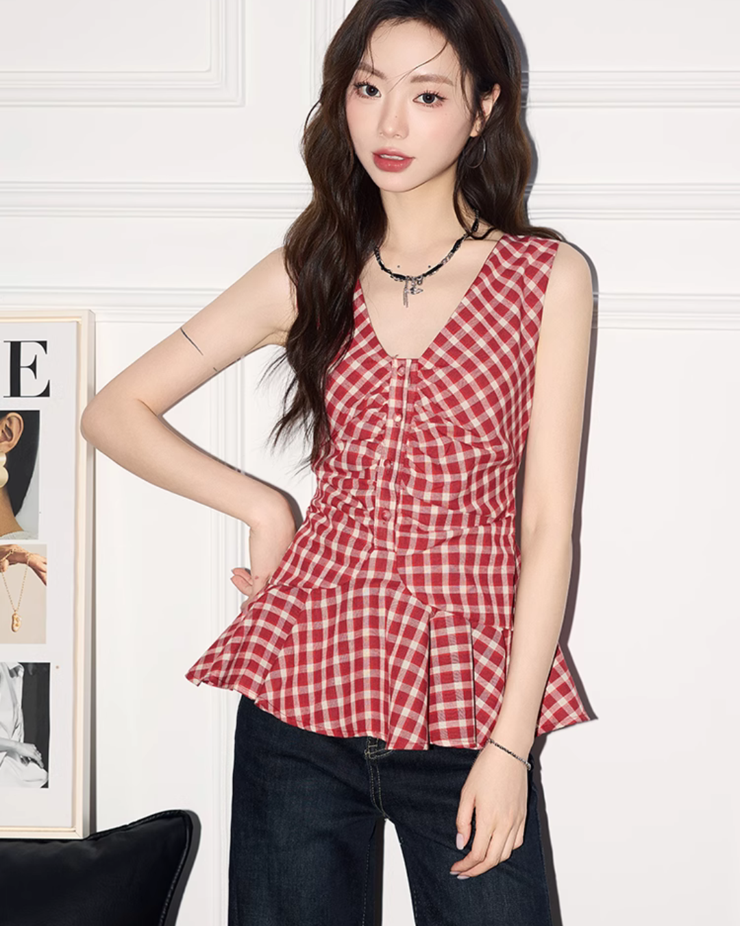 Gingham Check Sleeveless Blouse MNX0005
