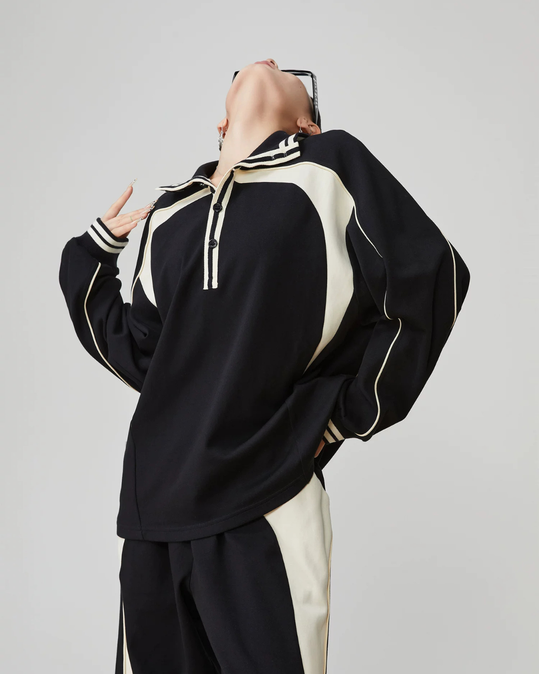 Color-Contrast Collared Long-Sleeve / Casual Wide Pants  FER0378