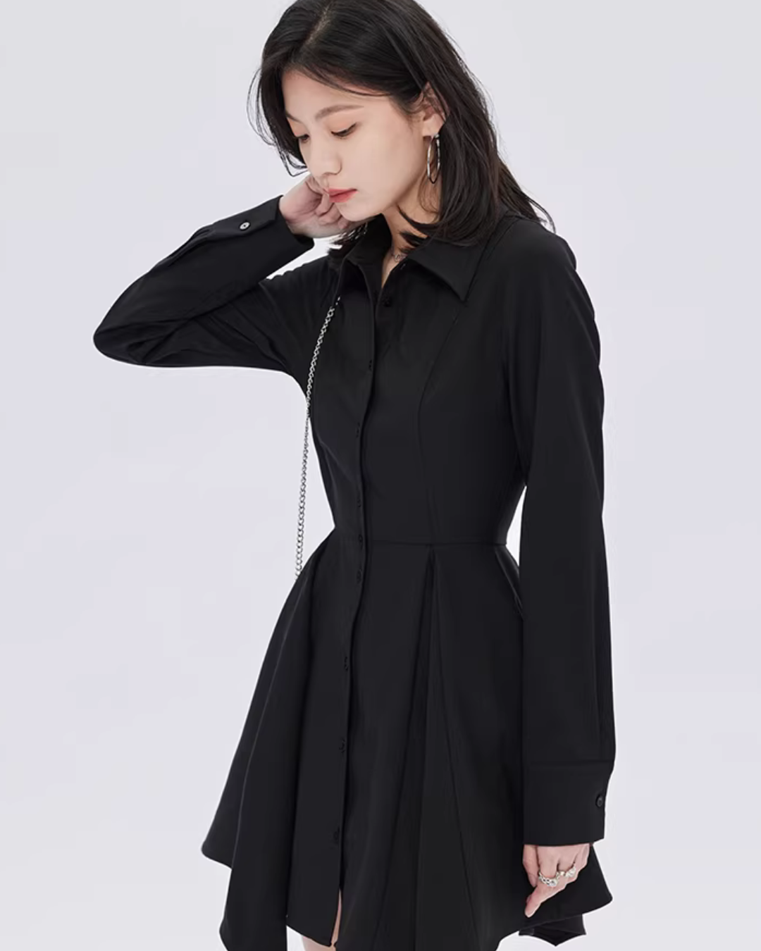 Fitted Long-Sleeve Shirt Mini Dress SHN0056