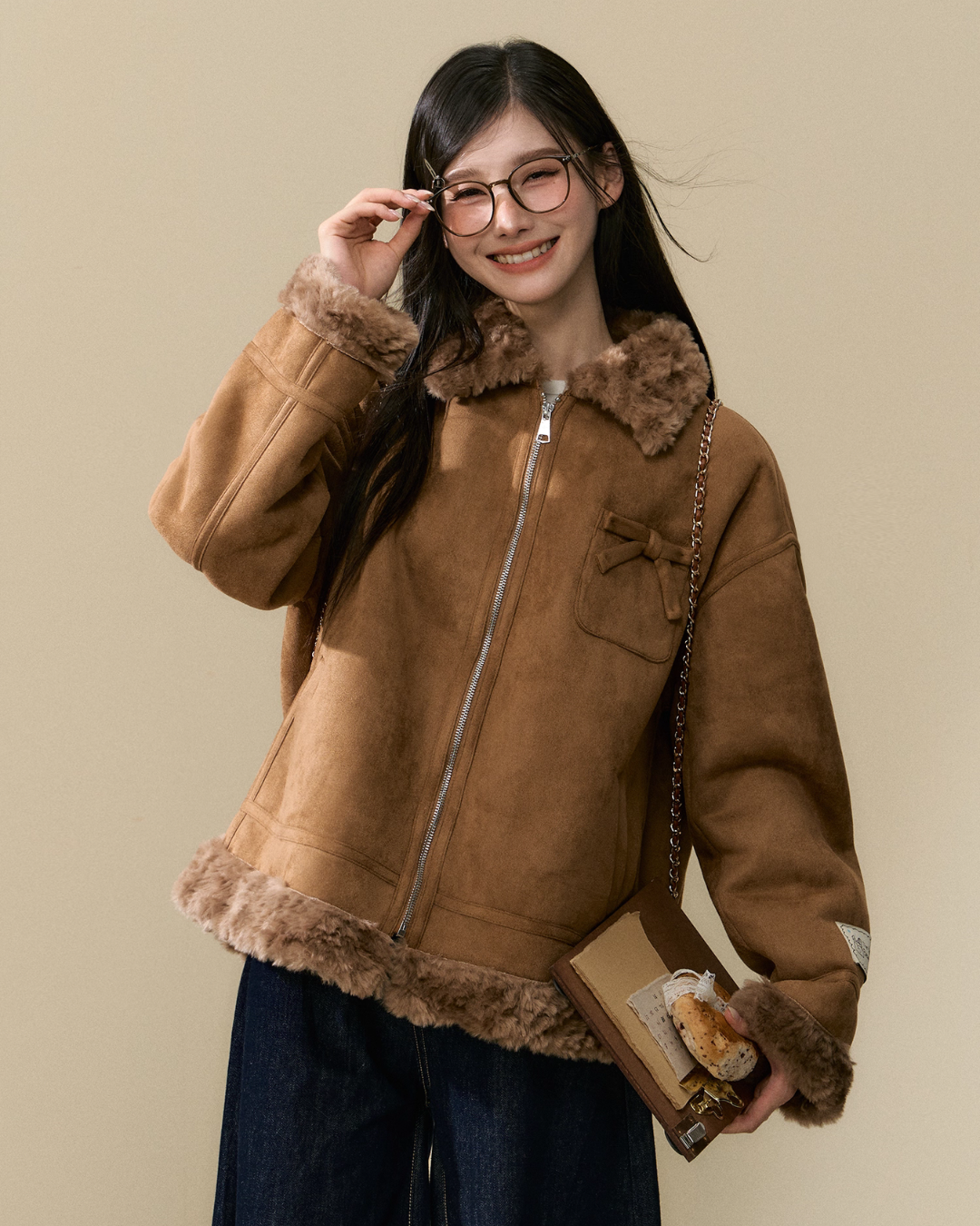 Faux Mouton Coat/Wide Denim Pants ELS0016