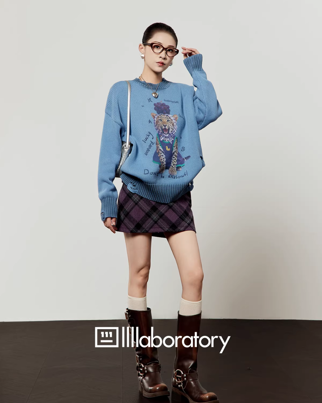 Cute Tiger Print Knit / Plaid Mini Skirt LLA0636