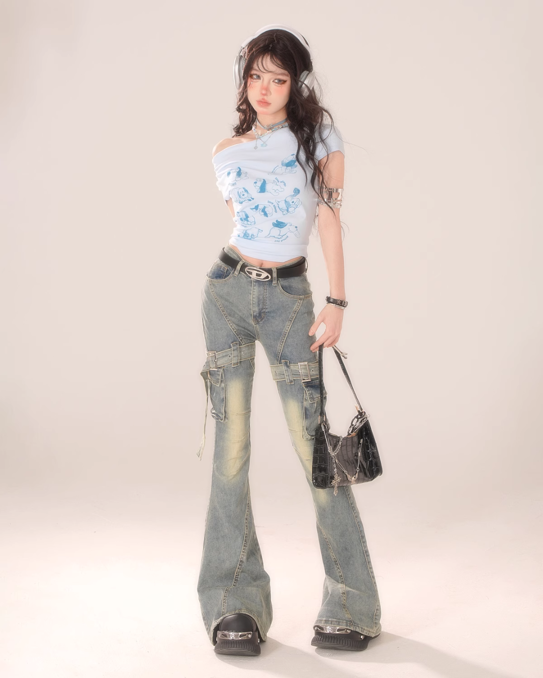 Vintage Belt Flare Denim Pants KLS0007