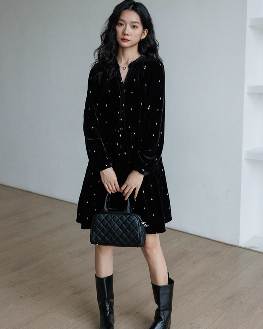 French Star Embroidery Velvet Dress VAS0128
