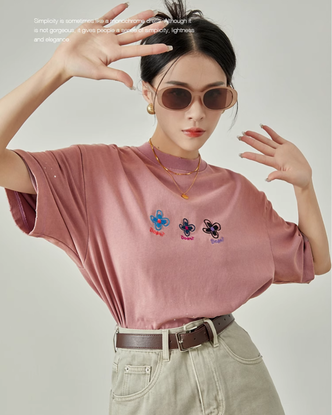 Floral Embroidery Pink T-Shirt LLA0066