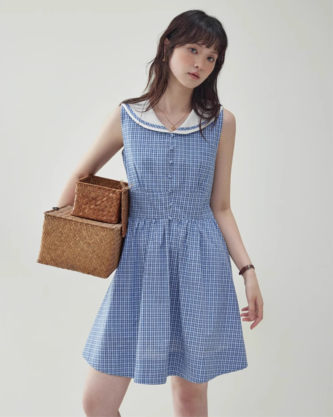 Blue Plaid Sleeveless Collar Dress AMU0031