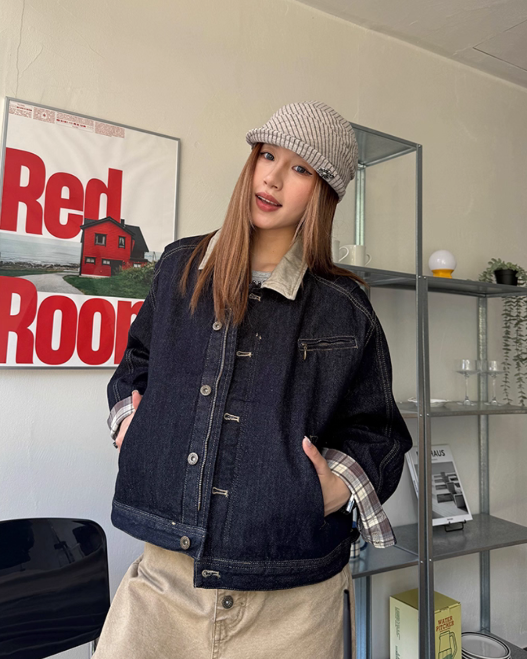 Retro Patched Collar Plaid Denim Jacket CYE0038